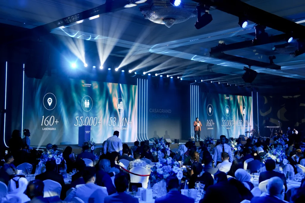 Casagrand Hermina corporate launch event with a host on stage, large branded LED screens displaying key milestones and elegantly decorated dining tables in a grand ballroom